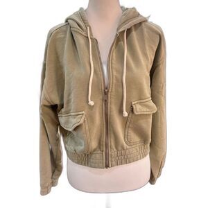 Aerie Sage Green Cropped Zip Up Hoodie Soft Cotton Blend Flap Pockets Women’s M